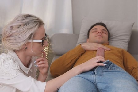 The brother has his dick hard during sleep and the sister takes him to play with.