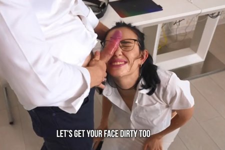 Sexy secretary, tellin she is a virgin, gets a dick in the face for mistakes in the report.