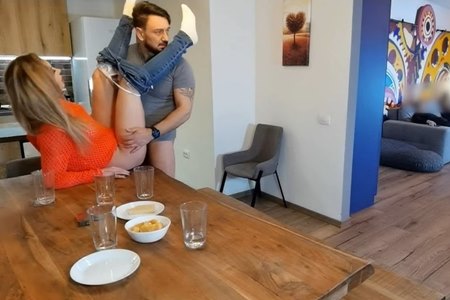 The guy returns with his guest's wife's orgasm on his T-shirt after having just fucked her and cheated.